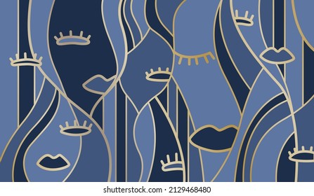 Vector abstract background. Horizontal illustration for interior wall design. Flat style line art. Stylization of the face, eyes, lips and hair