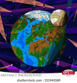 Vector abstract background illustration in the stained glass style. Earth and moon on the cosmos background.