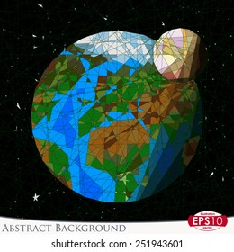 Vector abstract background illustration in the stained glass style. Earth and moon on the cosmos background.