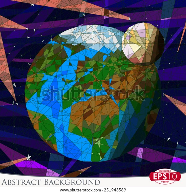 ステンドグラススタイルのベクター抽象的背景イラスト 宇宙の背景に地球と月 のベクター画像素材 ロイヤリティフリー