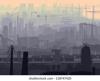 Vector de fondo abstracto de parte industrial de la ciudad con molinos, fábricas, chimeneas en la mañana.