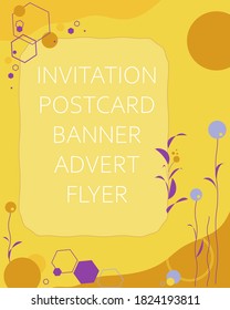 Vector abstract background for invitations greeting cards flyers brochures advertising sales banners in trendy colors like yellow, brown, purple. Simple abstraction with geometric shapes and a frame.