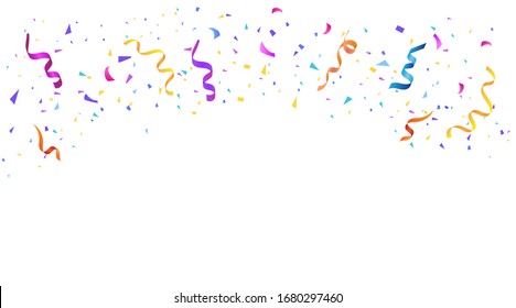 Vector abstract background isolated with many falling tiny colorful confetti pieces and ribbon. Carnival, Christmas or New Year decoration colorful party pennants for birthday celebration, festival