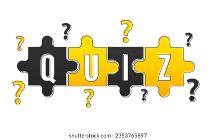 Vector abstract background with jigsaw puzzle pieces. Question mark and quiz symbol. Problem solving concept. 80s 90s banner with puzzle shape. Vector illustration