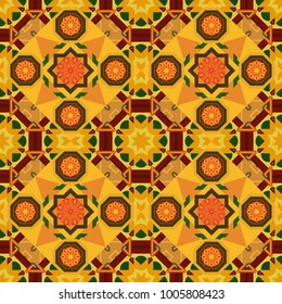 Vector abstract background. Abstract kaleidoscope with Star of Judah David, floral spiral effect and geometrical ornament. Orange, brown and yellow flower kaleidoscope seamless pattern.