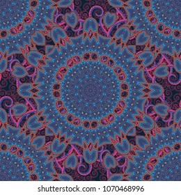 Vector abstract background. Abstract kaleidoscope with Star of Judah David, floral spiral effect and geometrical ornament. Orange, violet and blue flower kaleidoscope seamless pattern.
