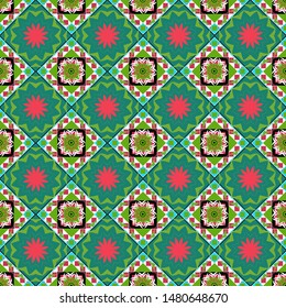 Vector abstract background. Abstract kaleidoscope with Star of Judah David, floral spiral effect and geometrical ornament. Blue, white and green flower kaleidoscope seamless pattern.