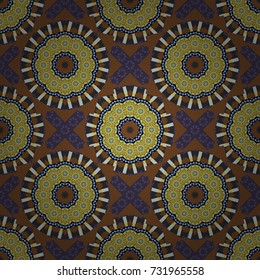 Vector abstract background. Abstract kaleidoscope with Star of Judah David, floral spiral effect and geometrical ornament. Brown, yellow and black flower kaleidoscope seamless pattern.