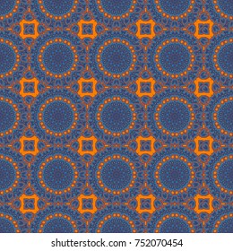 Vector abstract background. Abstract kaleidoscope with Star of Judah David, floral spiral effect and geometrical ornament. Blue, orange and violet flower kaleidoscope seamless pattern.