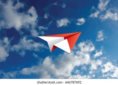 vector abstract background with low poly cloudy sky and red paper plane