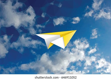 vector abstract background with low poly cloudy sky and yellow paper plane