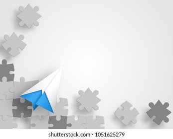 Vector Abstract background made from puzzle pieces. Origami airplane above jigsaw puzzle set represents concept of teamwork and travelling. Business concept and innovation. Technology Background. 