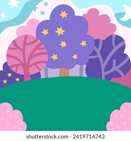 Vector abstract background with magic forest, purple and pink trees, stars, green field. Magic or fantasy world scene. Cute fairytale square nature landscape. Night sky illustration for kids 
