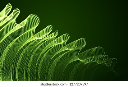 Vector abstract background with magic wave of flowing particles over dark, smooth curve shape lines, transparent tulle textile on wind. 3d shape dots magic blended mesh.