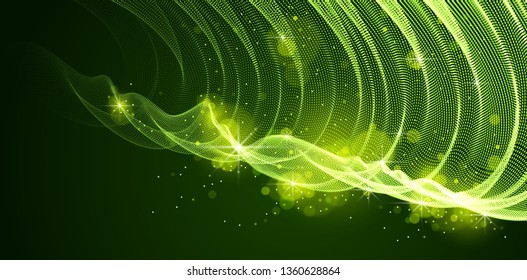 Vector abstract background with magic wave of flowing particles over dark, smooth curve shape lines, transparent tulle textile on wind. 3d shape dots magic blended mesh.