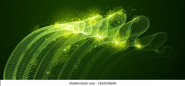 Vector abstract background with magic wave of flowing particles over dark, smooth curve shape lines, transparent tulle textile on wind. 3d shape dots magic blended mesh.