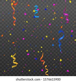 Vector abstract background with many falling tiny colorful confetti pieces and ribbon. Carnival, Christmas or New Year decoration 
colorful party pennants for birthday celebration, festival