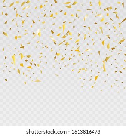 Vector abstract background with many falling tiny golden confetti pieces and ribbon. Carnival, Christmas or New Year decoration shiny party pennants for birthday celebration, festival