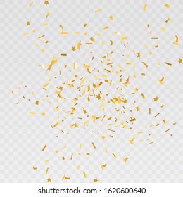 Vector abstract background with many falling tiny golden confetti pieces and ribbon. Carnival, Christmas or New Year decoration shiny party pennants for birthday celebration, festival