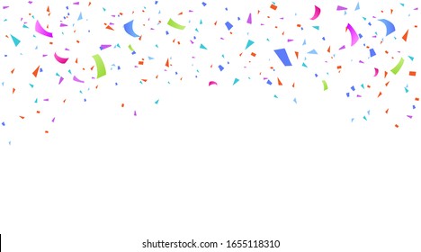 Vector abstract background with many falling tiny colorful confetti pieces and ribbon. Carnival, Christmas or New Year decoration colorful party pennants for birthday celebration, festival