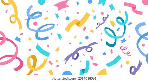 Vector abstract background with many falling tiny colorful confetti pieces and ribbon. Decoration colorful party pennants