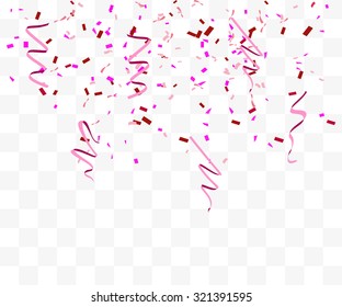 Vector Abstract Background With Many Falling Pink Tiny Confetti Pieces National Breast Canser Awaeness Month. Ribbon