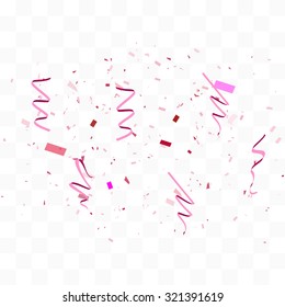 Vector abstract background with many falling pink tiny confetti pieces national breast canser awaeness month. ribbon