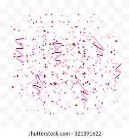 Vector abstract background with many falling pink tiny confetti pieces national breast canser awaeness month. ribbon