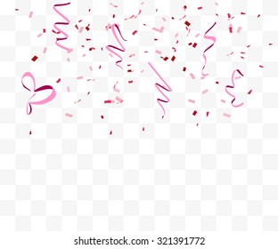 Vector Abstract Background With Many Falling Pink Tiny Confetti Pieces National Breast Canser Awaeness Month. Ribbon