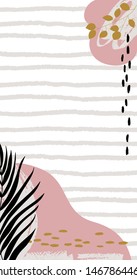 Vector abstract background with marker blots, spots and stripes from the brush. Silhouettes of tropical monstera leaves and dupsis palm trees. Perfect for posters, phone wallpapers and stories.