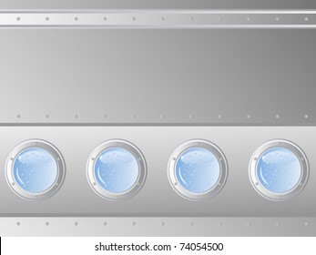 Vector abstract background. Metal surface. Sheathing ship. During the four portholes deep water.