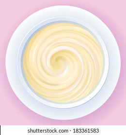 Vector abstract background of mixed milk custard cream in a white dish. Top view