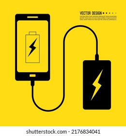 Vector abstract background with mobile phone charging. The USB cable is connected to a smartphone with a power bank.