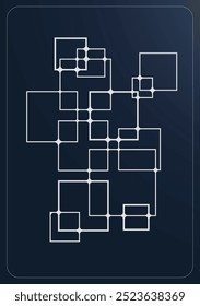 Vektorabstrakter Hintergrund mit einem modernen geometrischen Muster: weiße abstrakte Quadrate verschiedener Größen sind glatt auf dunklem Hintergrund angeordnet, wodurch eine kontrastreiche und stilvolle Komposition entsteht.
