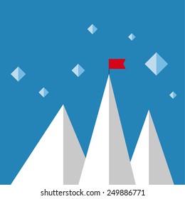 Vector abstract background with mountains and a red flag at the peak. 