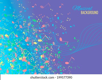 Vector abstract background with music key and notes. Banner. Designed text. 