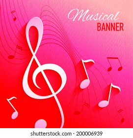 Vector abstract background with music key and notes. Banner. Designed text. 