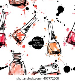 Vector abstract background with nail polish. Watercolor seamless pattern. Fashion illustration. Beauty and fashion.