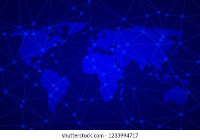 Vector abstract background with net, world map design for your science, Blockchain social network technology blue  background, cover, poster, banner, flyer, brochure. Molecules, blocks are connected