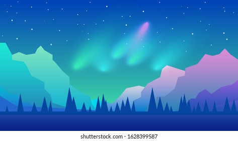 Vector abstract background. Northern Lights. Landscape in minimalistic concept. Sky with color gradient fill. Graphic design element for games, web pages, banners. UI design. 