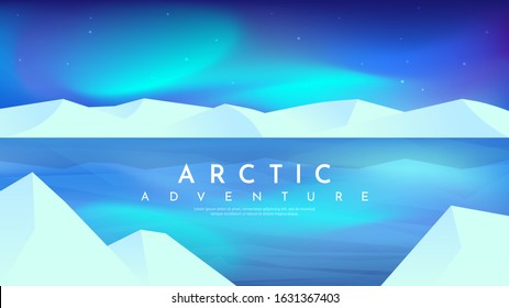 Vector abstract background. Northern Lights. Landscape in minimalistic concept. Sky with color gradient fill. Design element for games, web pages, banners. Beautiful blue sky. Mountains near water