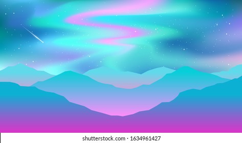 Vector abstract background. Northern Lights. Landscape in minimalistic concept. Sky with color gradient fill. Graphic design element for games, web, banners. Illustration of blue, purple and green