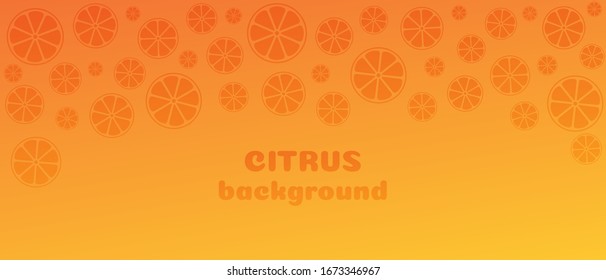 Vector abstract background on the theme of citrus fruits. Yellow-orange gradient with silhouettes of oranges, lemon and other citruses. Place for text. Copyspace.