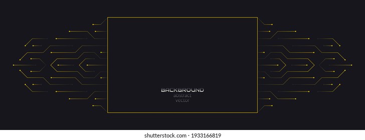 Vector abstract background on the theme of digital technology, future, cyberpunk. Dark background with bright yellow lines computer elements. Banner template design for web, copyspace.
