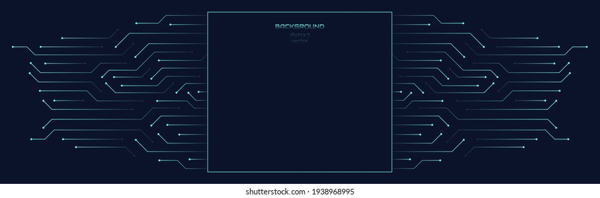 Vector abstract background on the theme of digital technology, future, cyberpunk. Dark blue background with bright blue lines computer elements. Banner template design for web, copyspace.