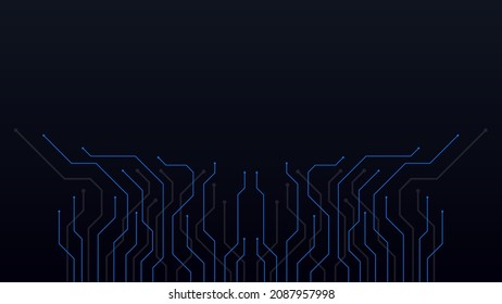 Vector abstract background on the theme of digital technology, future, cyberpunk. Dark background with bright blue lines computer elements. Banner template design for web, copyspace.