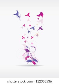 Vector abstract background with origami birds and floral elements and swirls