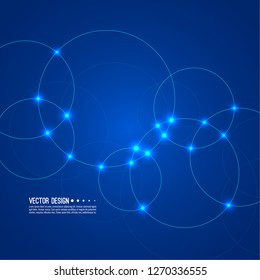 Vector abstract background with overlapping circles and dots. Chaotic motion. Round banner with empty space for text. Node molecule structure. Science and connection concept.