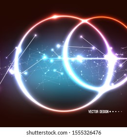 Vector abstract background with overlapping circles and dots. Chaotic motion. Round banner with empty space for text. Node molecule structure. Science and connection concept.