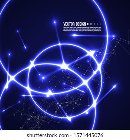 Vector abstract background with overlapping circles and dots. Chaotic motion. Round banner with empty space for text. Node molecule structure. Science and connection concept.